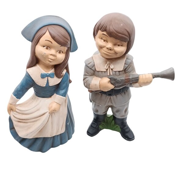 Vintage Colonial Boy & Girl Figurines, Studio Ceramic Pilgrim Pair - Picture 2 of 5